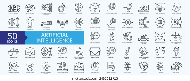 Artificial intelligence icon collection set with machine learning, neural network, speech recognition, image processing, spam filtering