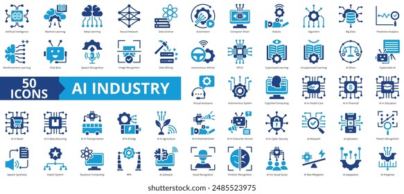 Artificial intelligence icon collection set. Containing machine learning, deep, neural network, data science, automation, computer vision, robotic icon. Simple flat vector.