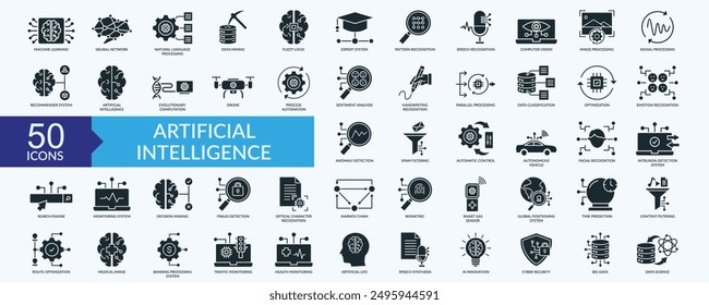 Artificial intelligence icon collection set with machine learning, neural network, speech recognition, image processing, spam filtering