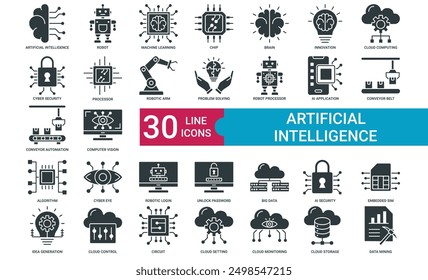 Künstliche Intelligenz Icon Sammlung mit Roboter, Machine Learning, Chip, Gehirn, Innovation