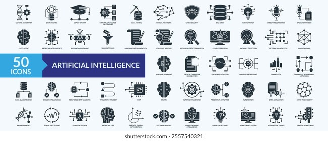 Artificial intelligence icon collection set with genetic algorithm, expert system, natural language processing, neural network, machine learning