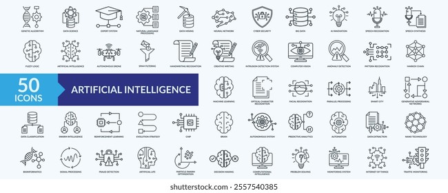 Artificial intelligence icon collection set with genetic algorithm, expert system, natural language processing, neural network, machine learning