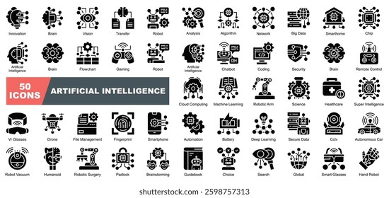 Artificial Intelligence icon collection set. Containing Innovation,Brain, Transfer, Vision, Algorithm,Analysis,Big Data,Smarthome,Chip icon.Simple glyph vector.