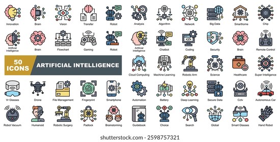 Artificial Intelligence icon collection set. Containing Innovation,Brain, Transfer, Vision, Algorithm,Analysis,Big Data,Smarthome,Chip icon.Simple lineal vector.