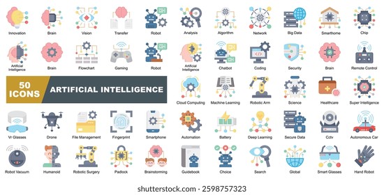 Artificial Intelligence icon collection set. Containing Innovation,Brain, Transfer, Vision, Algorithm,Analysis,Big Data,Smarthome,Chip icon.Simple flat vector.