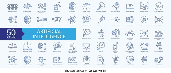 Artificial intelligence icon collection set with machine learning, neural network, speech recognition, image processing, spam filtering
