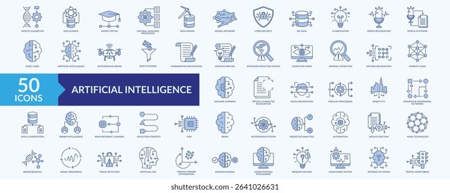 Artificial intelligence icon collection set with genetic algorithm, expert system, natural language processing, neural network, machine learning