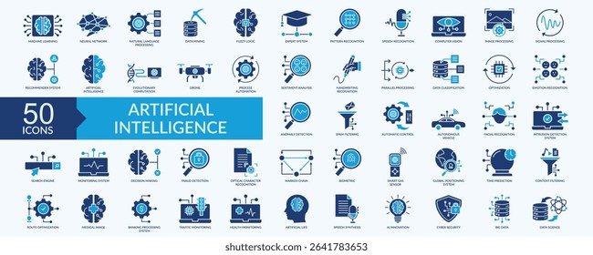 Artificial intelligence icon collection set with machine learning, neural network, speech recognition, image processing, spam filtering