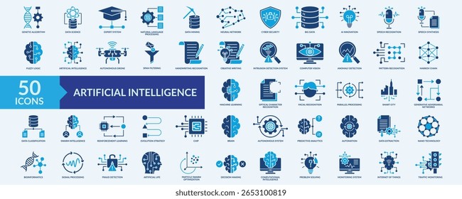 Conjunto de coleta de ícone de inteligência artificial com algoritmo genético, sistema especialista, processamento de linguagem natural, rede neural, aprendizagem de máquina