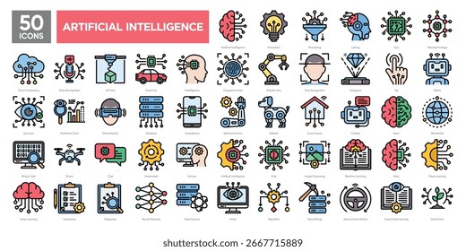Artificial intelligence icon collection set. Containing machine learning, robotics, smart tech, and data science. Great for tech presentations, apps, and futuristic designs.