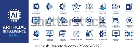 Artificial intelligence - Icon Collection. Thin Line Set contains such Icons as Ai Architecture, Brain, Robotics, Machine Learning, Ai Technology, Algorithm and more. Simple web icons set.