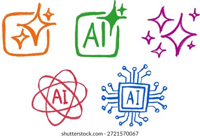 Icono de Inteligencia Artificial Crayón Tiza Dibujo Doodle Vector Set