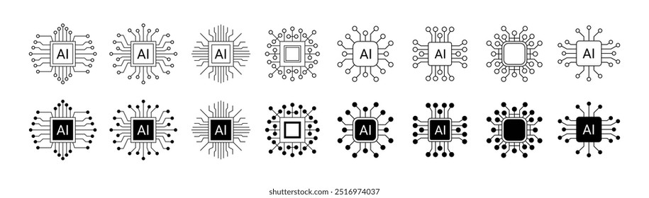 Inteligência artificial ícone design emblema coleção. Símbolo de rede de mente inteligente digital de chip de circuito de IA. Ilustração vetorial