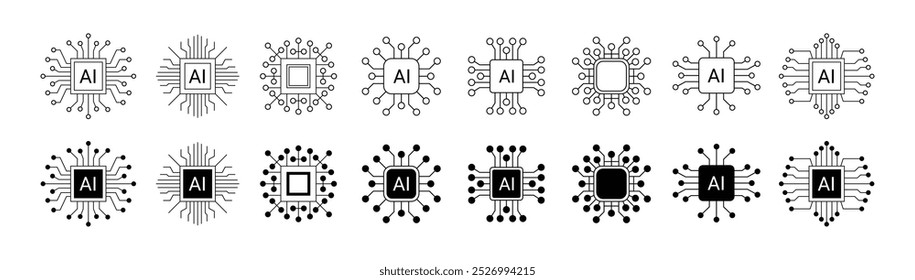 Colección de emblema de diseño de icono de inteligencia artificial. Símbolo digital de red mental inteligente de chip de circuito de IA. Ilustración vectorial