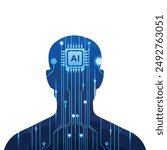 Artificial intelligence icon with digital AI human head and brain circuit CPU chip symbol. Blue Head with AI chip and circuit. Technology innovation, futuristic technology Vector illustration.