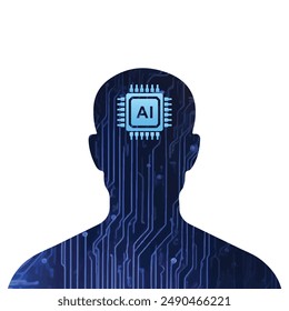 Icono de inteligencia artificial con el símbolo de chip de CPU del circuito cerebral y cabeza humana de IA digital. Cabeza azul con chip de IA y circuito. Innovación en Tecnología, Ilustración vectorial tecnológica futurista.