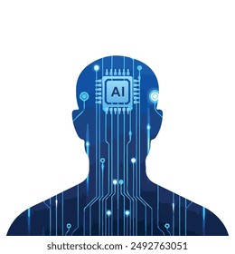 Artificial intelligence icon with digital AI human head and brain circuit CPU chip symbol. Blue Head with AI chip and circuit. Technology innovation, futuristic technology Vector illustration.