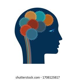 Artificial Intelligence Icon. Gears in the head of man.  Data analysis concept and concepts of modern technologies such as nanotechnology, neural networks, machine learning. Background white