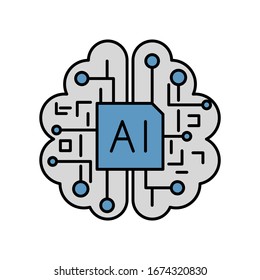 Artificial Intelligence icon. Human brain and computer chips illustration. Concept of AI and machine learning. Outline thin line flat illustration. Isolated on white background.  