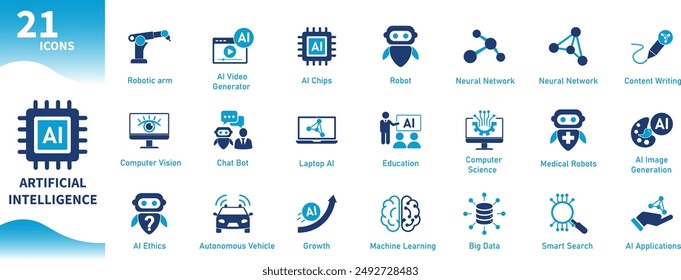 Artificial intelligence icon. Icons set of AI, machine learning, robot, technology, neural network, robot arm, science, chat bot. Solid vector icons