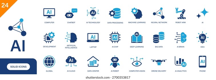 Symbol für künstliche Intelligenz. Einschließlich neuronales Netzwerk, AI Gehirn, Automatisierung, Chatbot, AI Cloud. Vollständige Vektorsymbol-Gruppe.