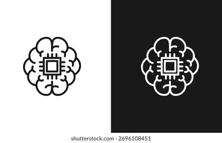 Artificial Intelligence Icon, Minimalist Brain with CPU Chip Line Art, Symbol for Machine Learning, Digital Mind, and Advanced Technology, Modern Vector Graphic, Black and White Versions.