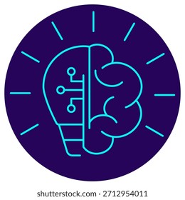 Artificial Intelligence Icon. Minimalistic neon outline on a dark blue round background. A stylish vector illustration of a brain combined with a digital light bulb, symbolizing cognitive computing, deep learning, and innovative AI solutions
