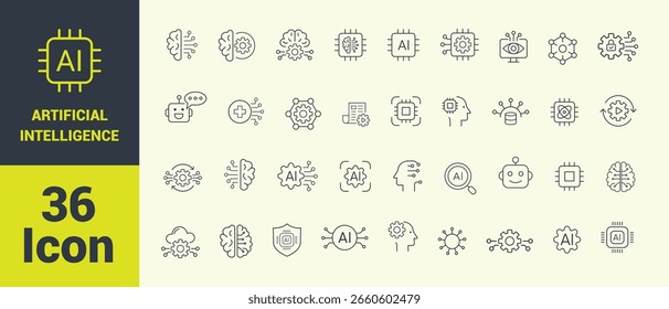 Artificial intelligence icon set. 36 AI and Machine Learning Line Icons, Containing AI, deep learning, robotics machine learning data Science.