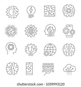 Artificial intelligence icon set.  AI related icons set. Editable Stroke. EPS 10