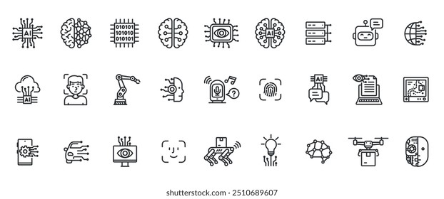 Artificial intelligence icon set. Ai icons, technology, future, science, robots, machine learning, cloud systems, delivery, medical diagnosis, identification etc.