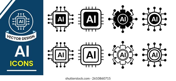 Artificial intelligence icon set. AI chip, Artificial intelligence line icon, vector set design. AI, data science, technology, containing machine learning, Turing test and more. Vector illustration.