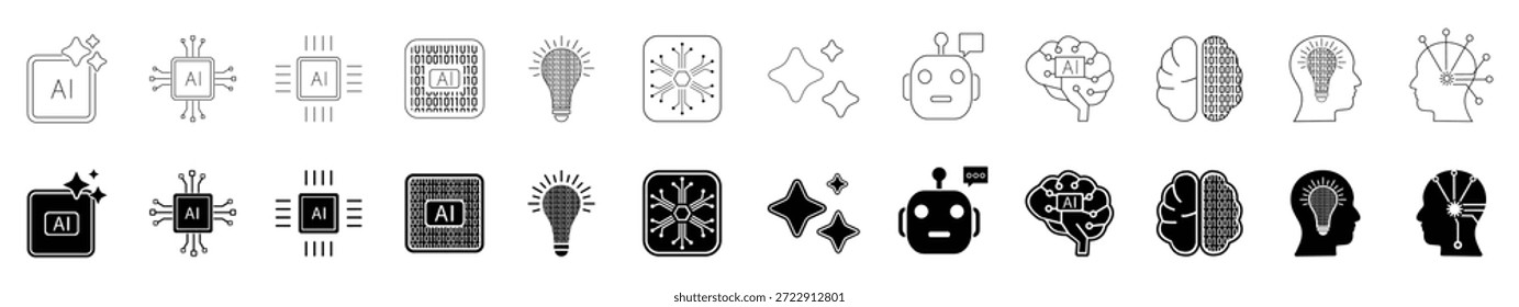 Symbolsatz für künstliche Intelligenz. AI Line Symbole und Silhouette mit ai Gehirn, neuronalen Netzwerk, Chatbot, Prozessor-Chip und Idee Glühbirne Symbole für maschinelles Lernen, Automatisierung und Tech-UI-Design.