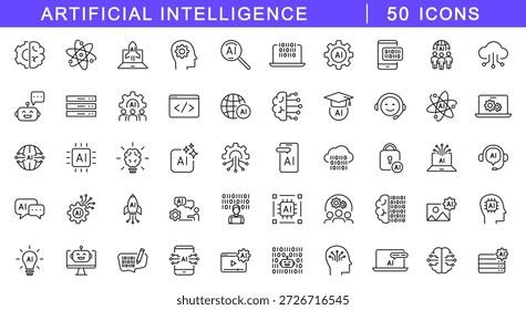 Conjunto de iconos de inteligencia artificial. Iconos de la tecnología de la IA en estilo de línea. Iconos web editables para aprendizaje automático, AI essentials, red neuronal, digital, lluvia de ideas, chatbot, etc. Ilustración vectorial.