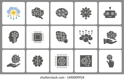 Artificial intelligence icon set. Black vector illustrations isolated on white.