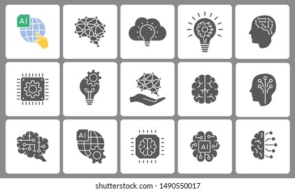 Artificial intelligence icon set. Black vector illustrations isolated on white.