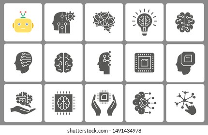 Artificial intelligence icon set. Black vector illustrations isolated on white.