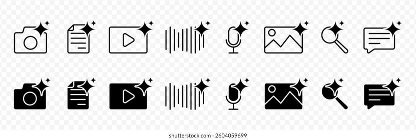 Artificial Intelligence icon set in black outline and fill - isolated vector