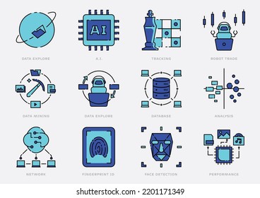 Artificial Intelligence Icon Set With Chip, Robot, Data Explore , Data Analysis, Fingerprint Biometric And Digital Technology Icon Design Set.