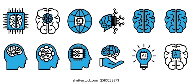 Artificial intelligence icon set. collection of brain, ai, head, machine, technology and more. vector Illustration