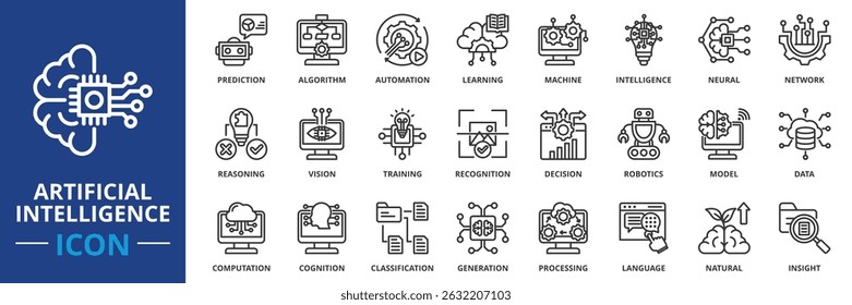 artificial intelligence icon set collection in outline style. an icon pack contain machine, learning, algorithm, neural, network, automation, intelligence, prediction, recognition, decision