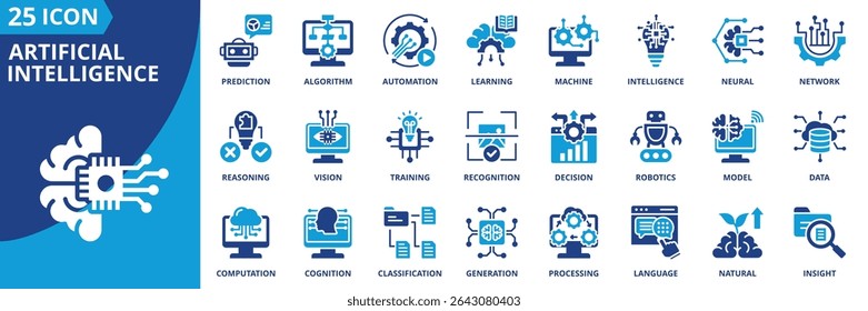 artificial intelligence icon set collection in dual tone style. an icon pack contain machine, learning, algorithm, neural, network, automation, intelligence, prediction, recognition, decision