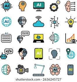 Artificial Intelligence Icon Set - Colorful Flat Vector Collection.A collection of 25 flat-style artificial intelligence icons.Editable vector file suitable for UI, infographics, and presentations.