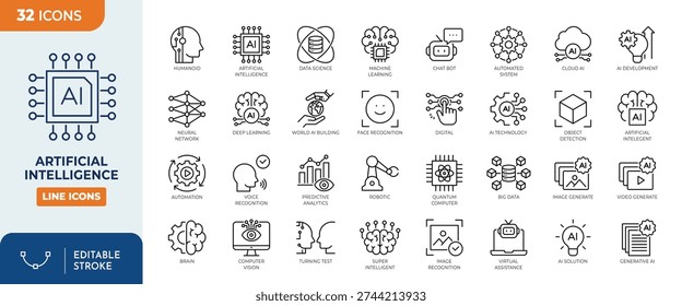 Artificial intelligence icon set. Contain icons related to AI, machine learning, virtual assistant, generative AI, robotics, data science, technology, and more. Editable stroke. Vector Illustration