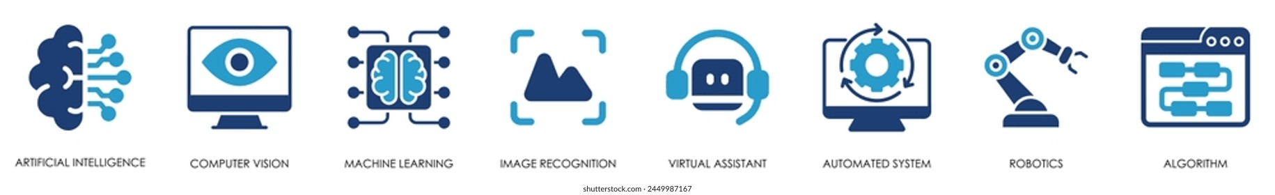 Artificial intelligence icon set. Containing machine learning, data science and so on. Flat information technology related icons.