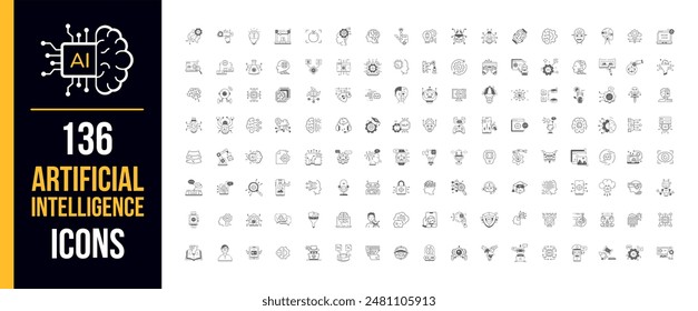 Artificial intelligence icon set. Containing machine learning, data science, AI, virtual assistant, generative AI, technology, Turing test and more. Line vector icons collection.