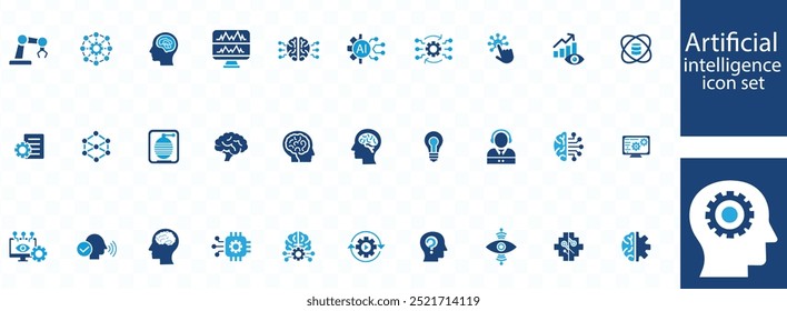 Artificial intelligence icon set. Containing machine learning, data science, AI, virtual assistant, generative AI, technology, Turing test and more. Solid vector icons