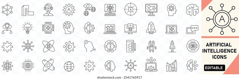 Conjunto de ícones de inteligência artificial. Contendo aprendizagem de máquina, ciência de dados Coleção de ícones de vetor plano sólido.