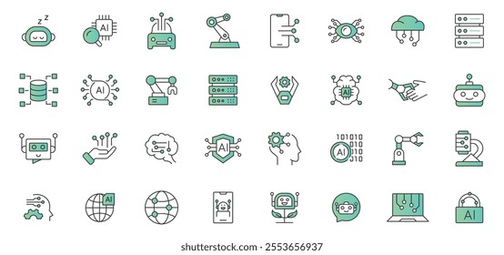 Artificial intelligence icon set. Containing machine learning, data science, AI, virtual assistant, generative AI, technology vector icons collection