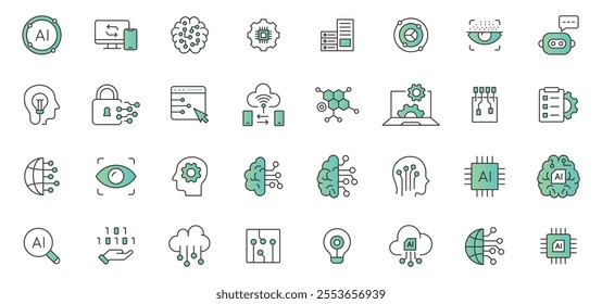 Artificial intelligence icon set. Containing machine learning, data science, AI, virtual assistant, generative AI, technology vector icons collection