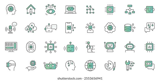 Artificial intelligence icon set. Containing machine learning, data science, AI, virtual assistant, generative AI, technology vector icons collection